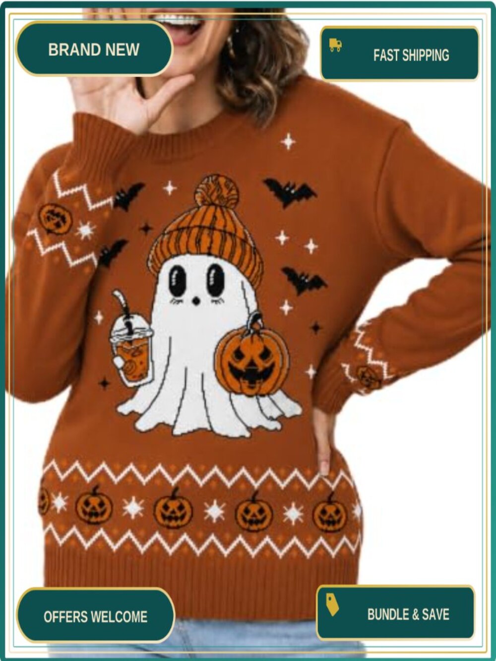 Women's Knit Halloween Sweater Ghost Pumpkin Crewneck Pullover